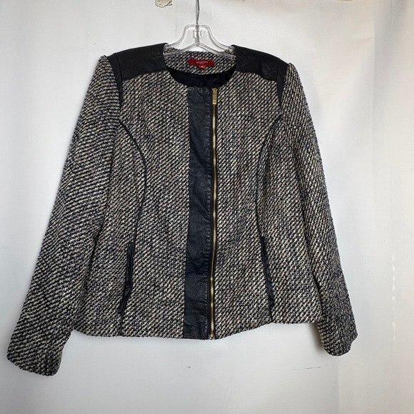 Liz Claiborne Jackets & Blazers - Liz Claiborne New York Tweed Moto Jacket Leather Trim Navy Blue Size 10 Career